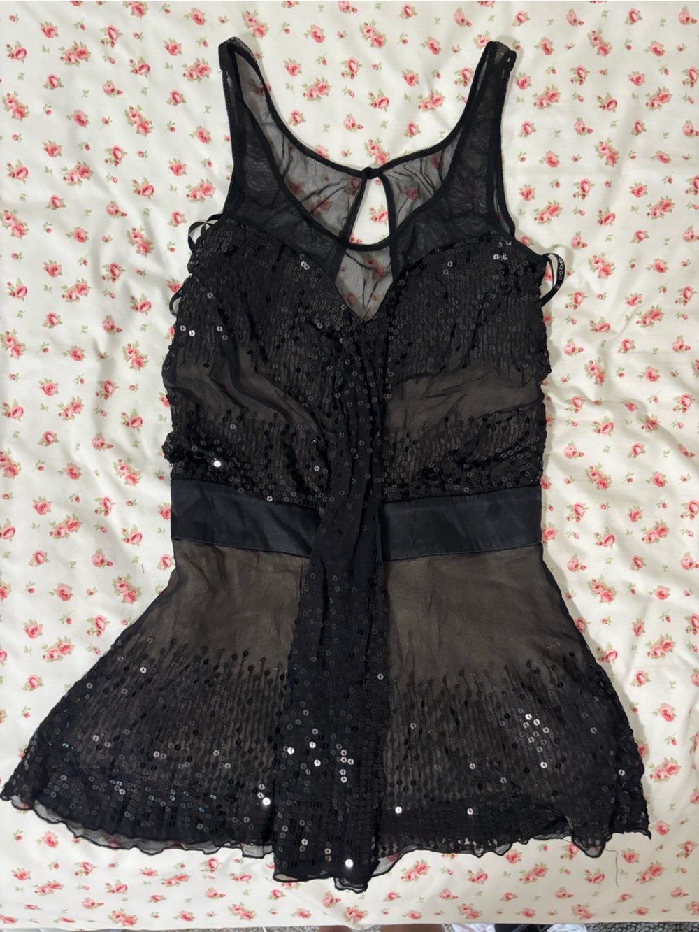 bebe Black Sequin Mesh Chemise Slip